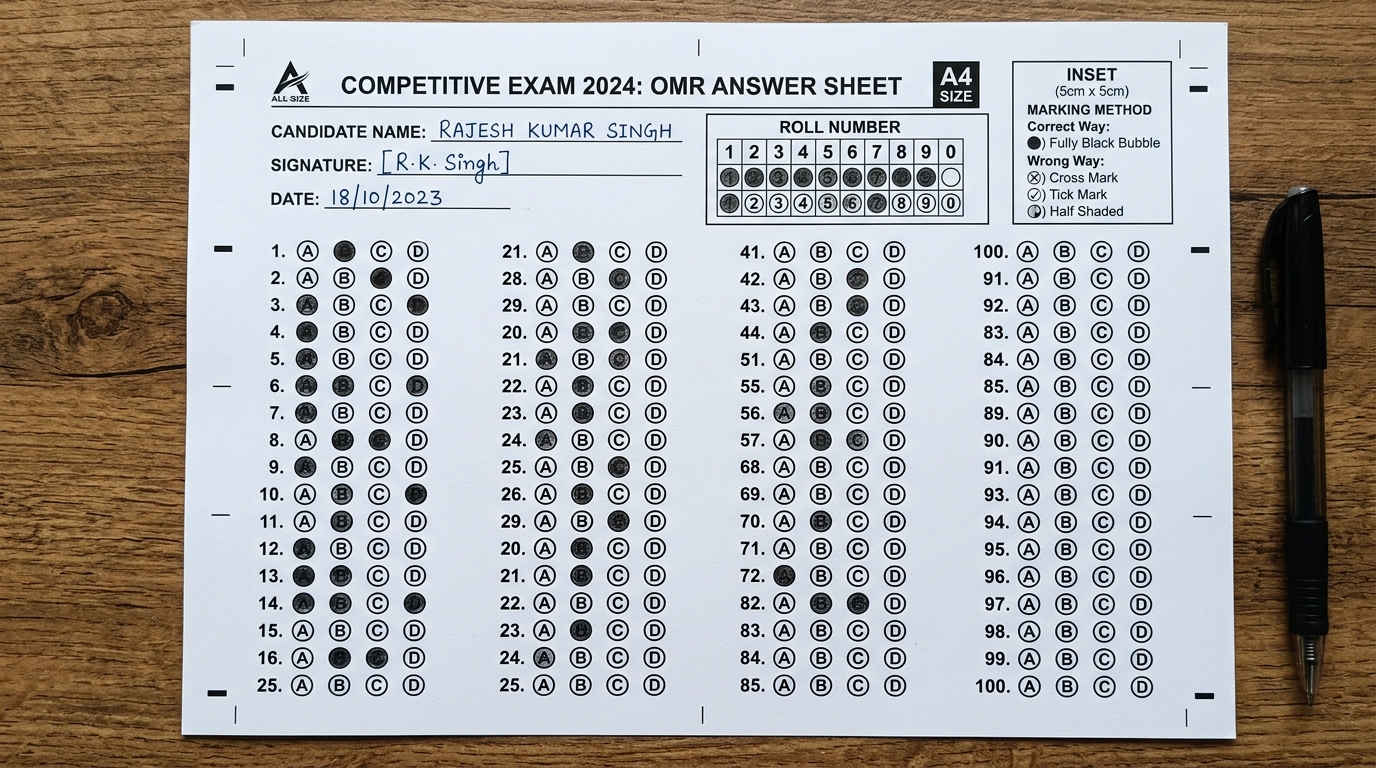 Realistic A4 Printed OMR Sheet Answer Sheet Sample with Bubble Marking Guide
