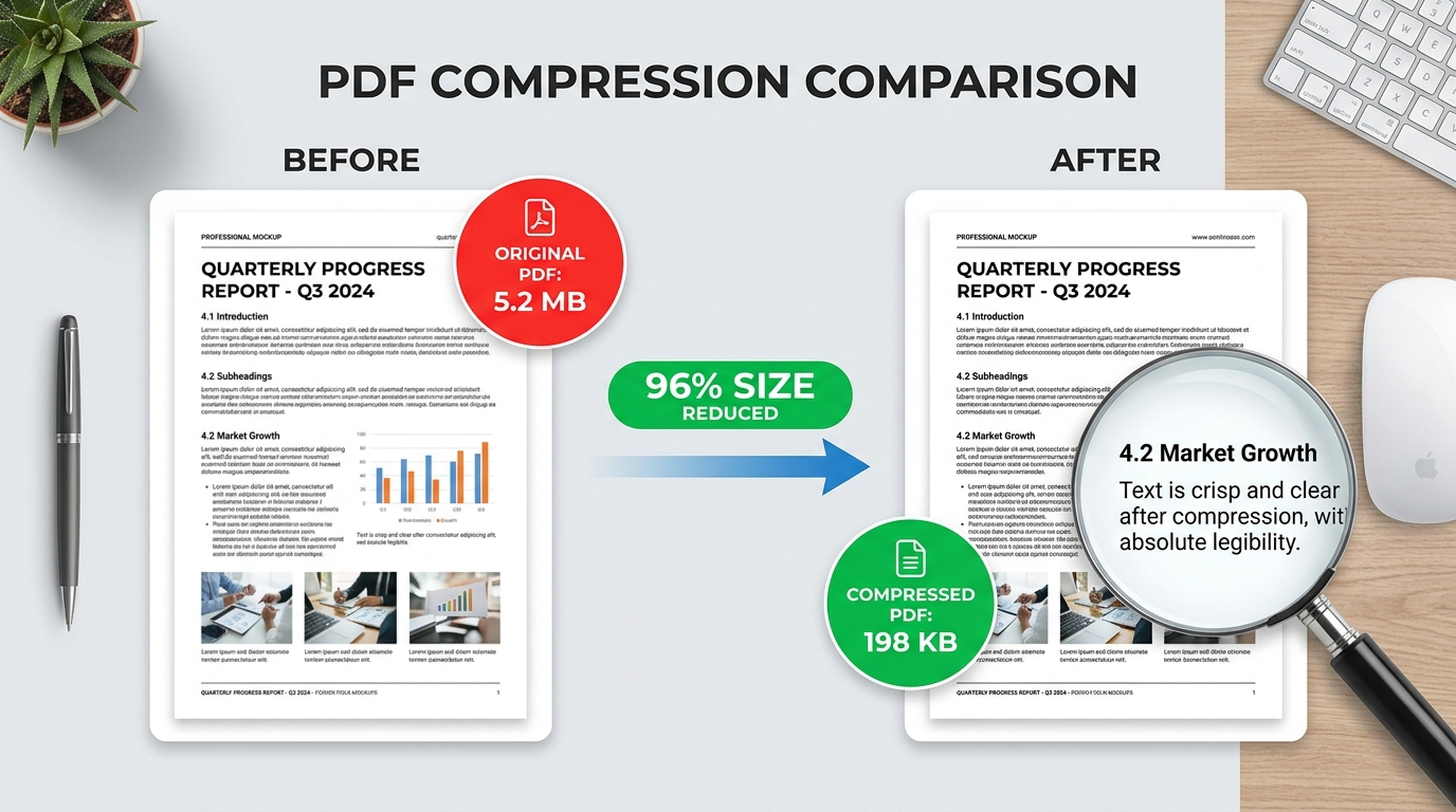 PDF Compression Visual Comparison Before and After with 100% Zoom Text Sharpness