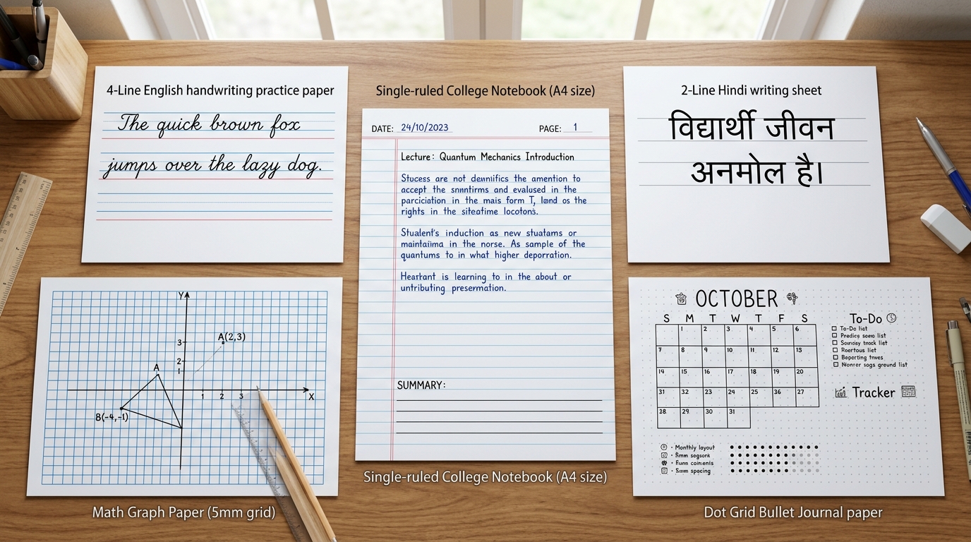 Visual comparison of 4-line English, 2-line Hindi, single ruled Cornell notes, and 5mm math graph paper