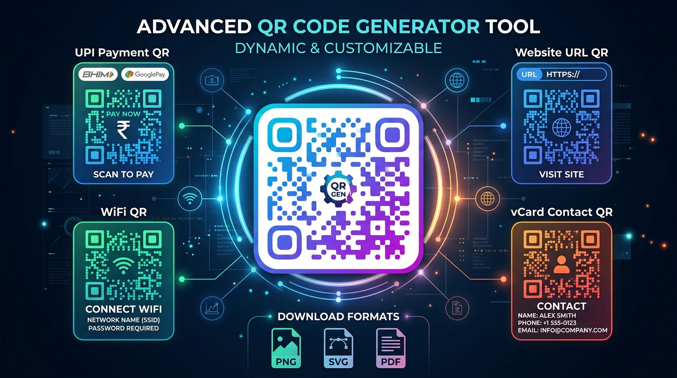 UPI Payment QR, WhatsApp direct chat QR, and Wi-Fi instant connect QR showcase