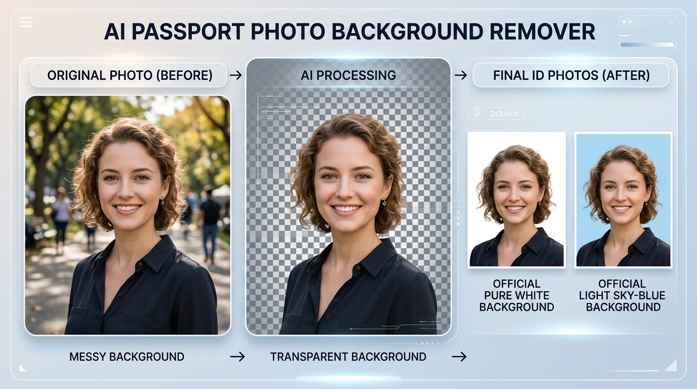 AI Passport Photo Background Remover Showcase showing Original, Transparent, White, and Sky Blue results