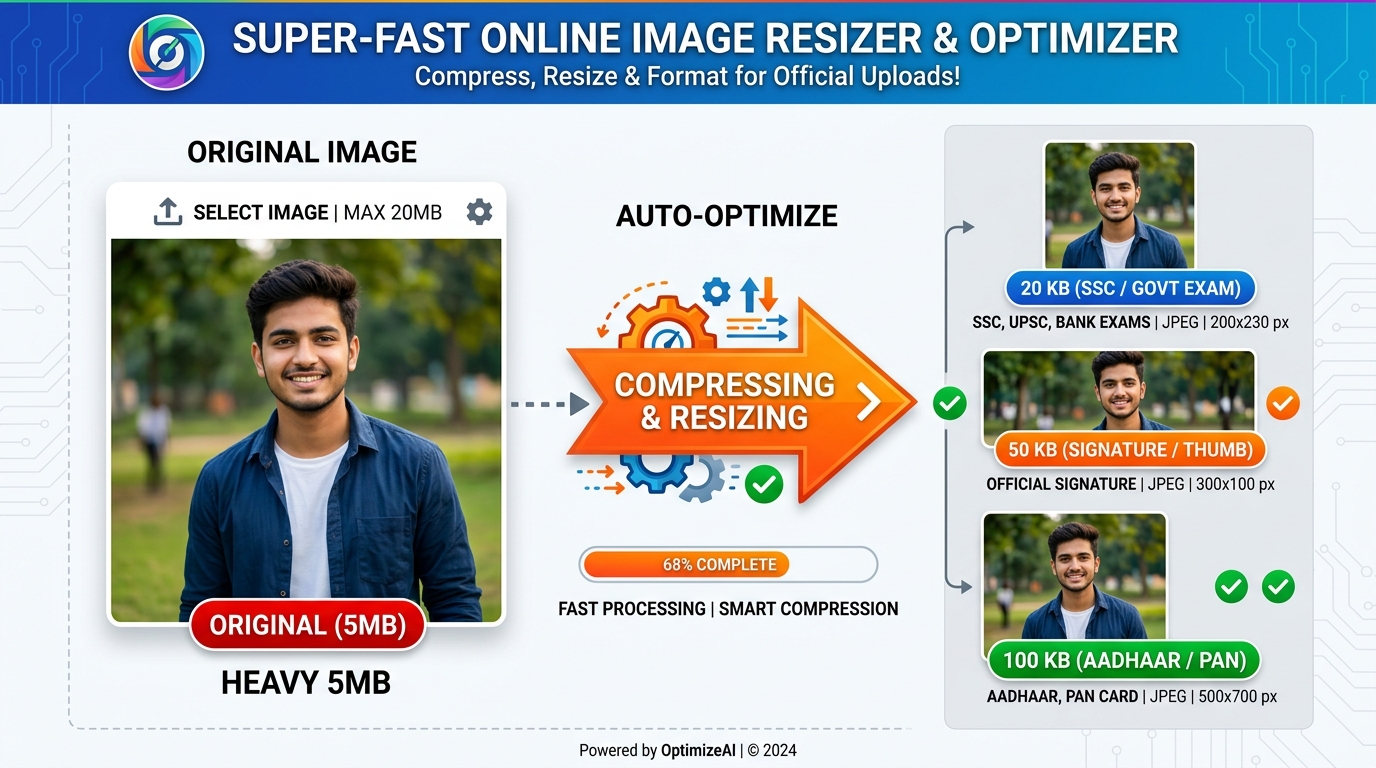 Visual Image Resizer and Compressor Showcase showing 20KB, 50KB, and 100KB results