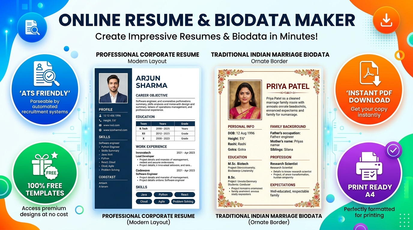 Professional Resume and Biodata Maker Showcase showing Corporate CV and Indian Marriage Biodata layouts