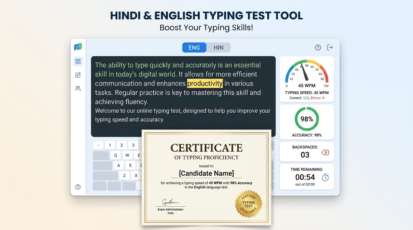 Online Hindi and English Typing Test Showcase showing WPM Speedometer, Accuracy Meter, and Completion Certificate